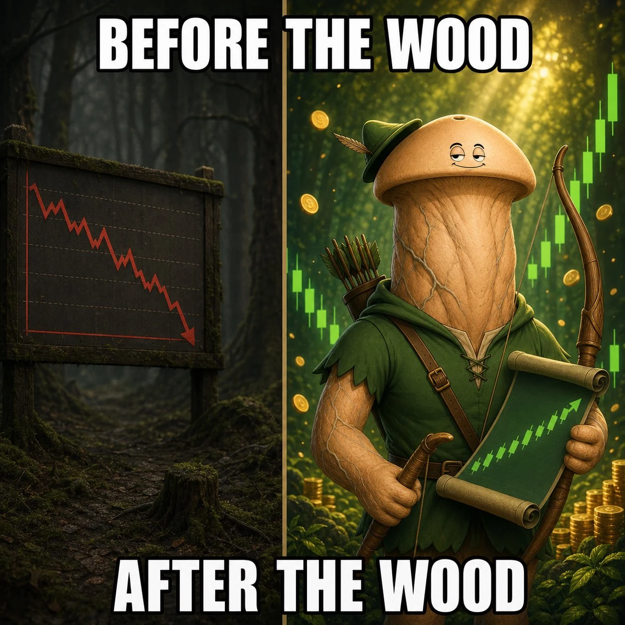 Before the wood: a red falling chart. After the wood: Throbbin Wood beside a rising green chart.